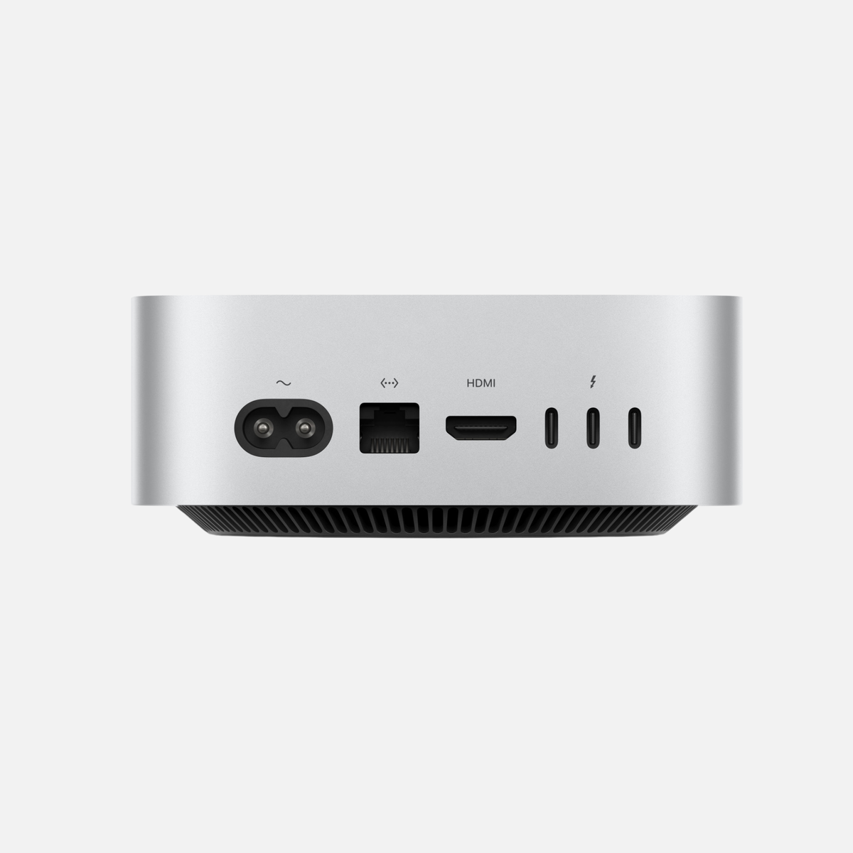 Apple Mac mini – vista trasera con conector de alimentación, Ethernet, HDMI y tres puertos Thunderbolt