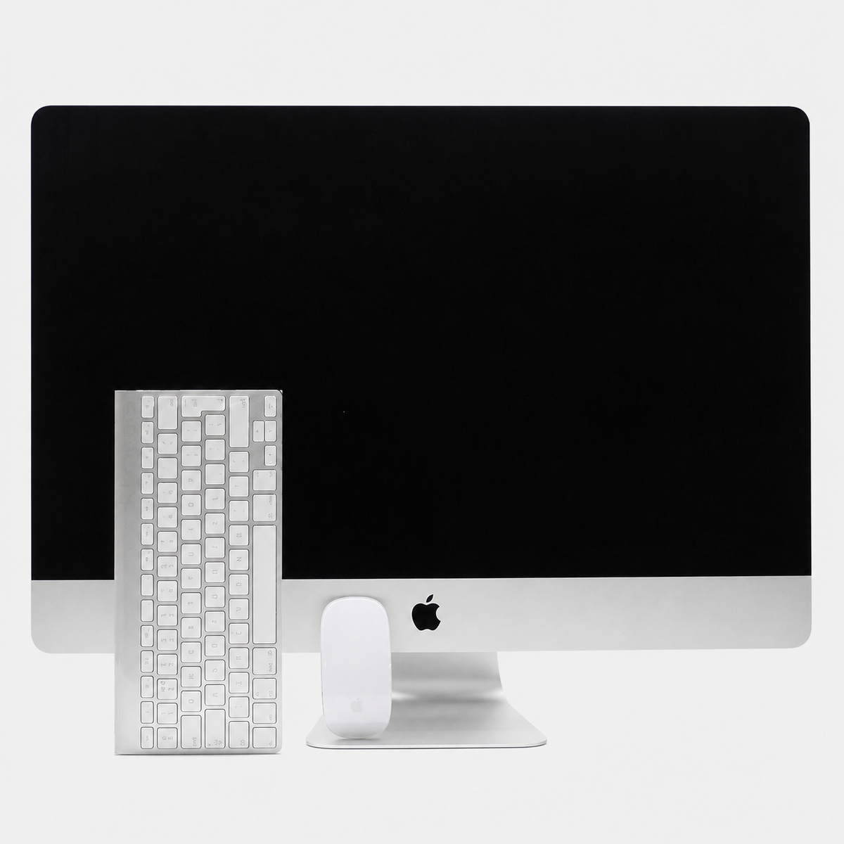 Srebrni iMac od 27 inča, pogled sprijeda s tipkovnicom i mišem