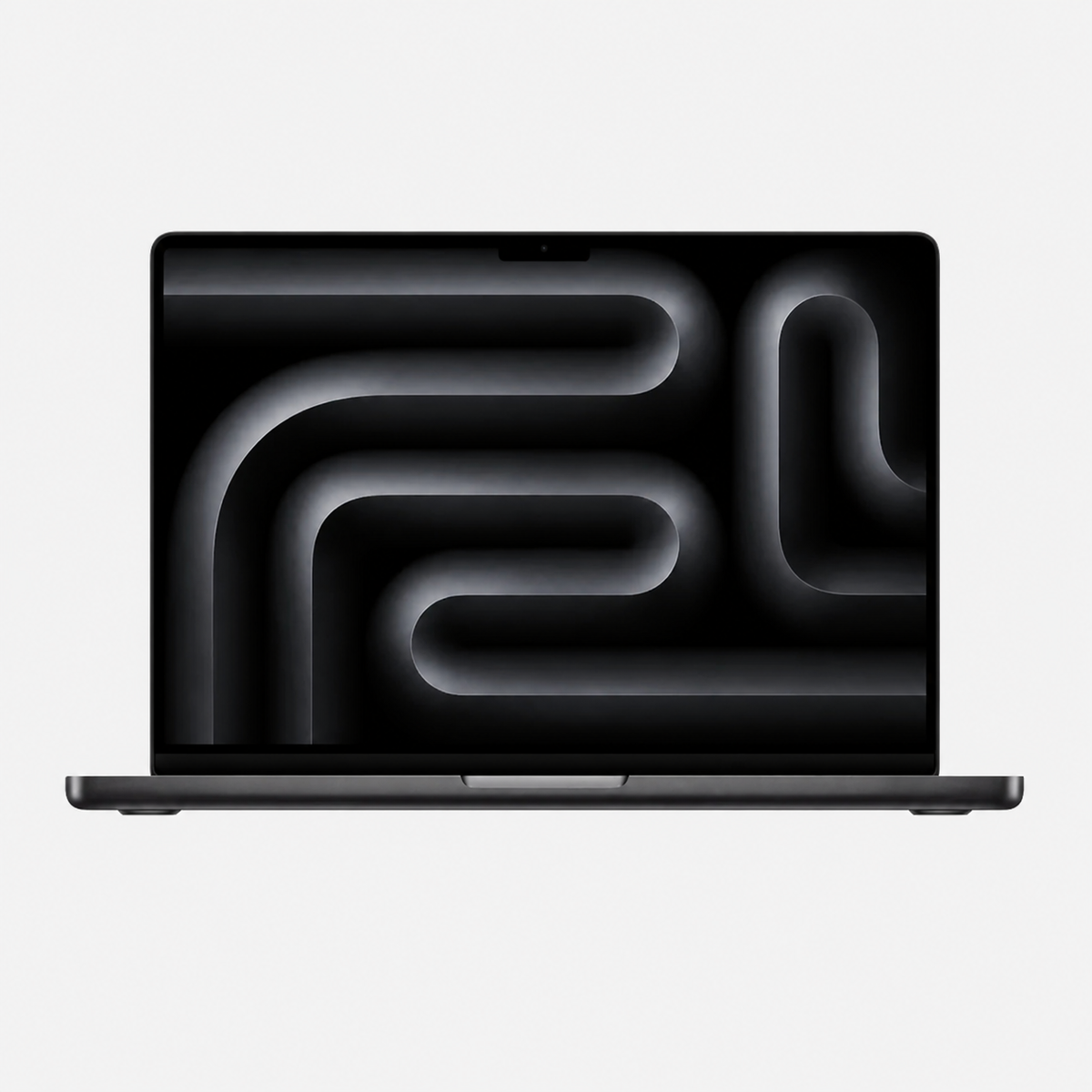 MacBook Pro 16 palců s tmavým krytem, pohled zepředu s otevřeným displejem