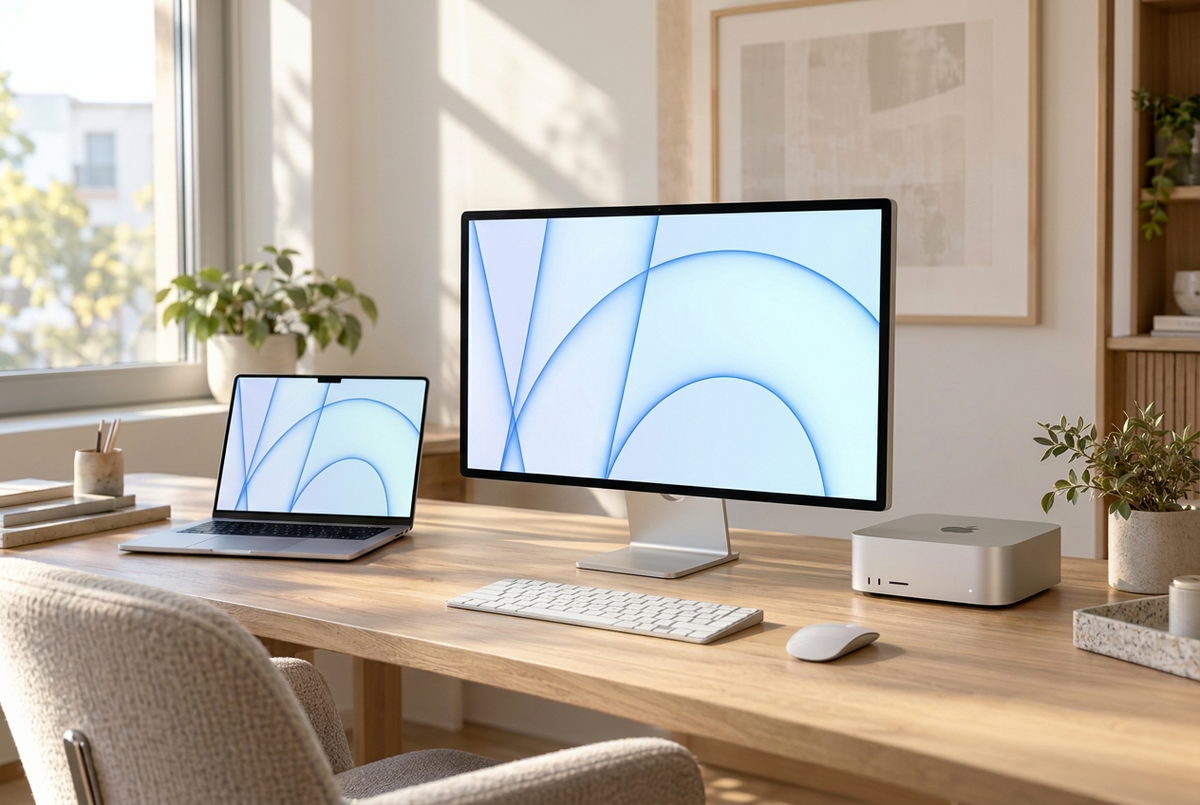 Homeoffice-Arbeitsplatz mit MacBook, Monitor und Mac im warmen Cinematic-Stil