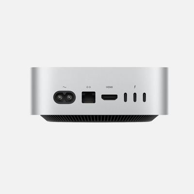 Apple Mac mini – achteraanzicht met stroomaansluiting, Ethernet, HDMI en drie Thunderbolt-poorten