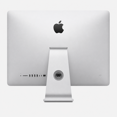Srebrni iMac od 27 inča, potpuni pogled straga s postoljem