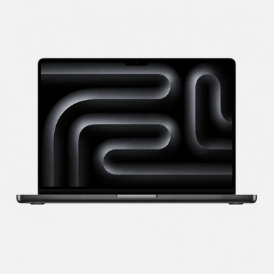 MacBook Pro 16 tommer med mørkt kabinet, set forfra med åben skærm